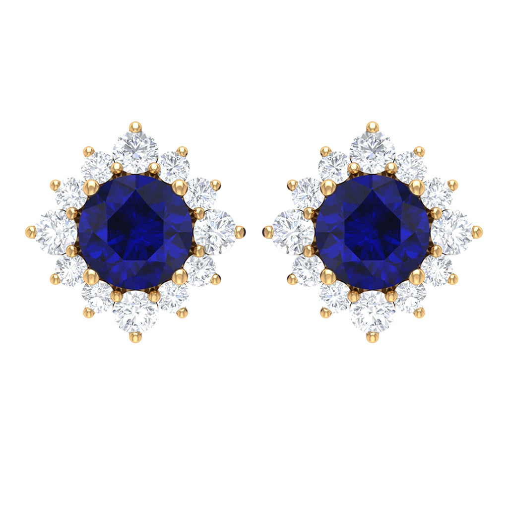 Genuine 0.8 Carat Blue Sapphire Stud Earrings with Diamond Halo