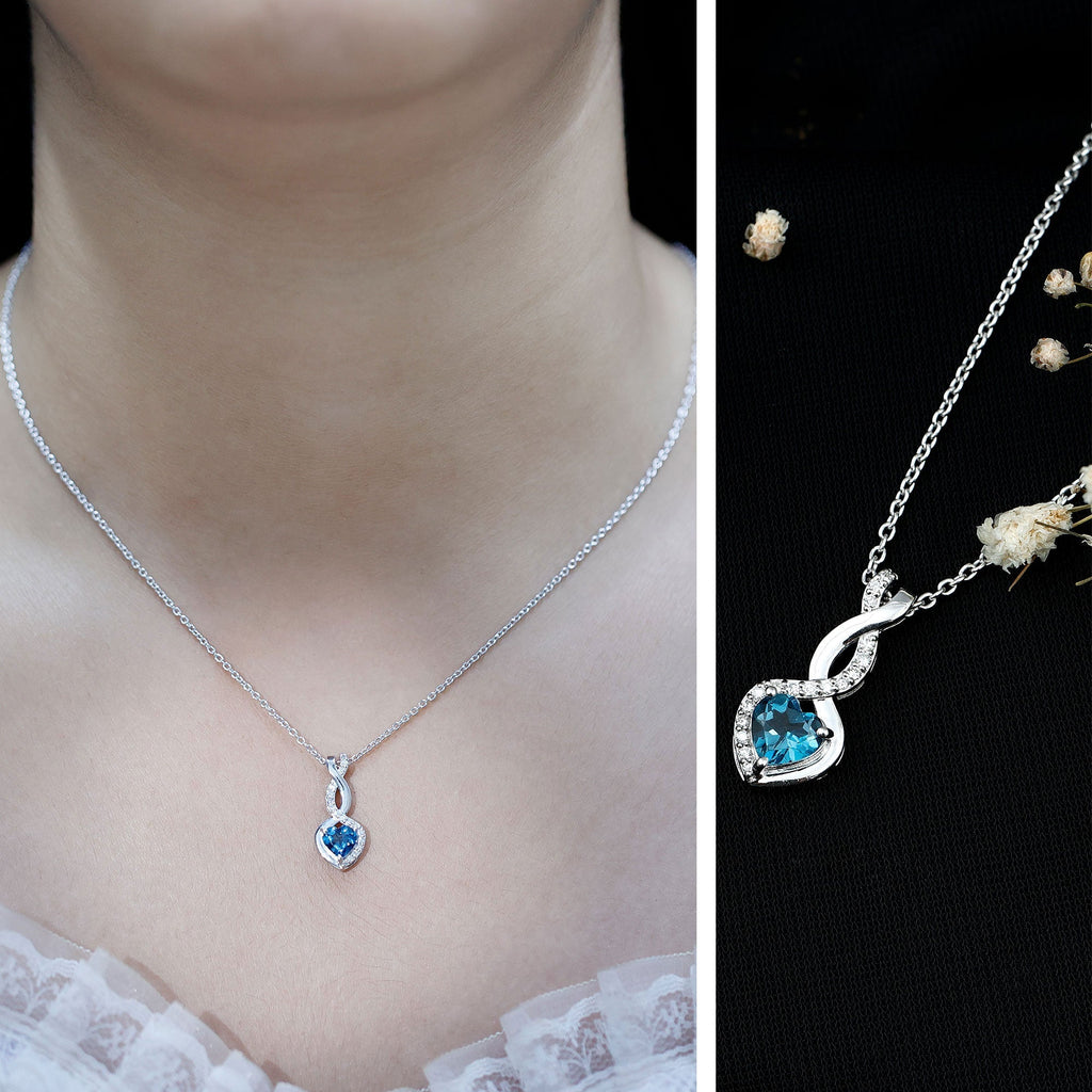 Genuine 0.98 Carat London Blue Topaz Infinity Heart Necklace with Diamond