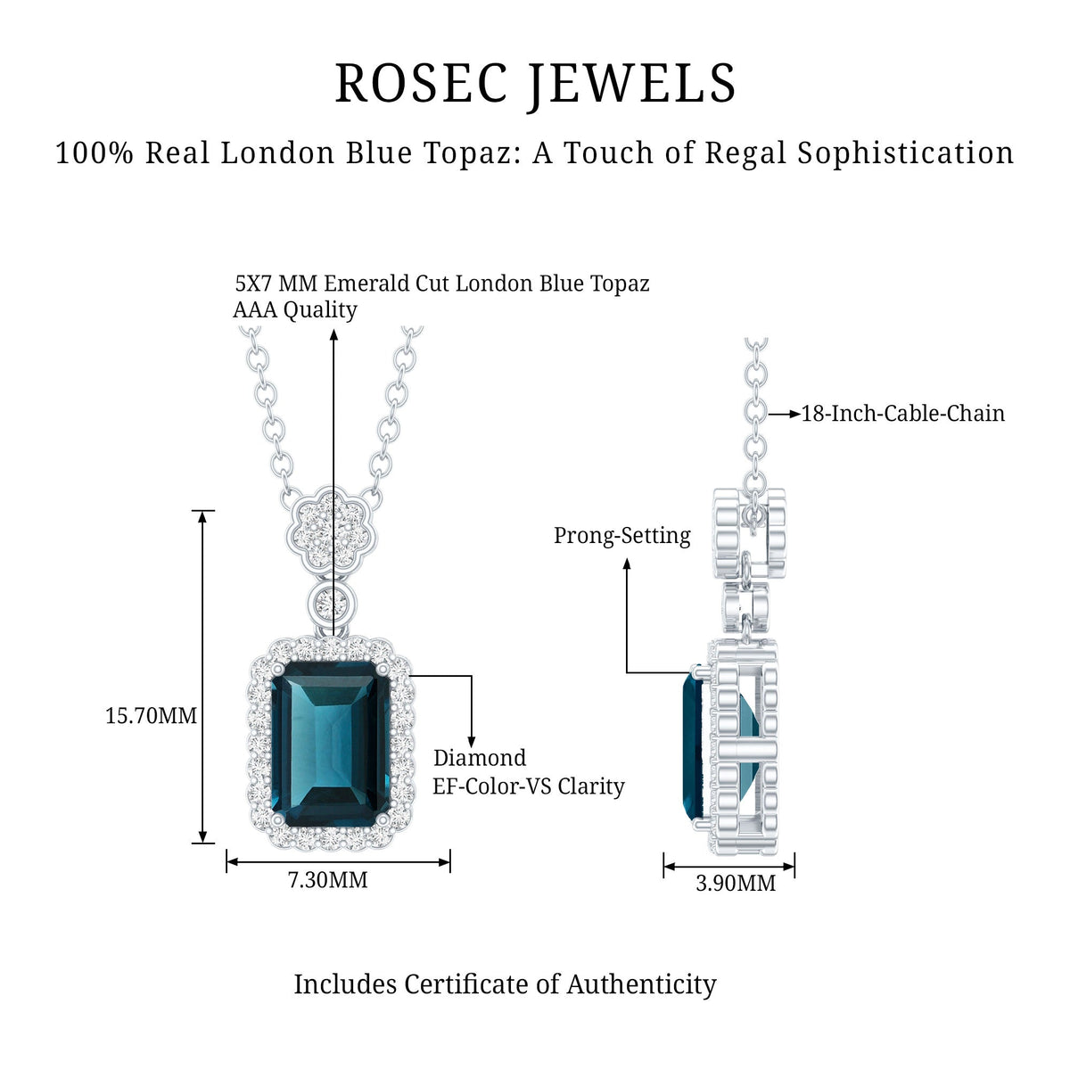 Genuine 1.1 Carat London Blue Topaz Emerald Cut Necklace with Diamond Halo