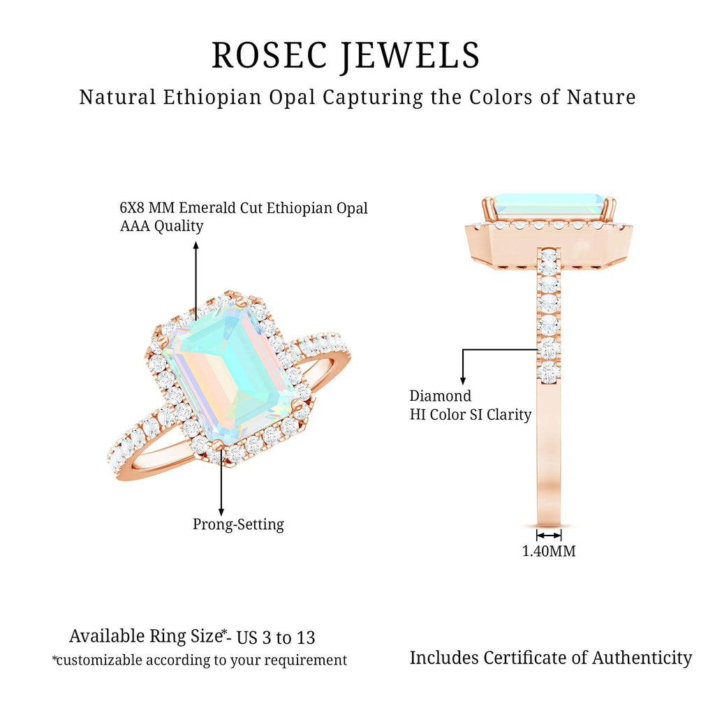 Genuine 2 Carat Ethiopian Opal Emerald Cut Engagement Ring with Diamond Halo