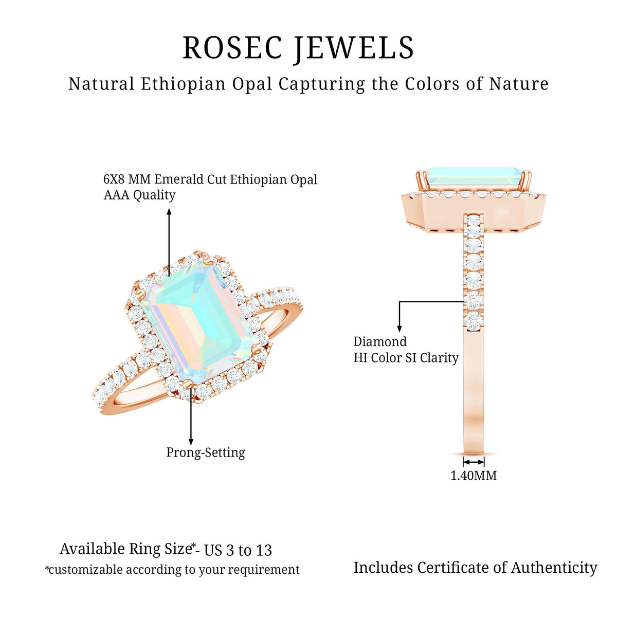Genuine 2 Carat Ethiopian Opal Emerald Cut Engagement Ring with Diamond Halo