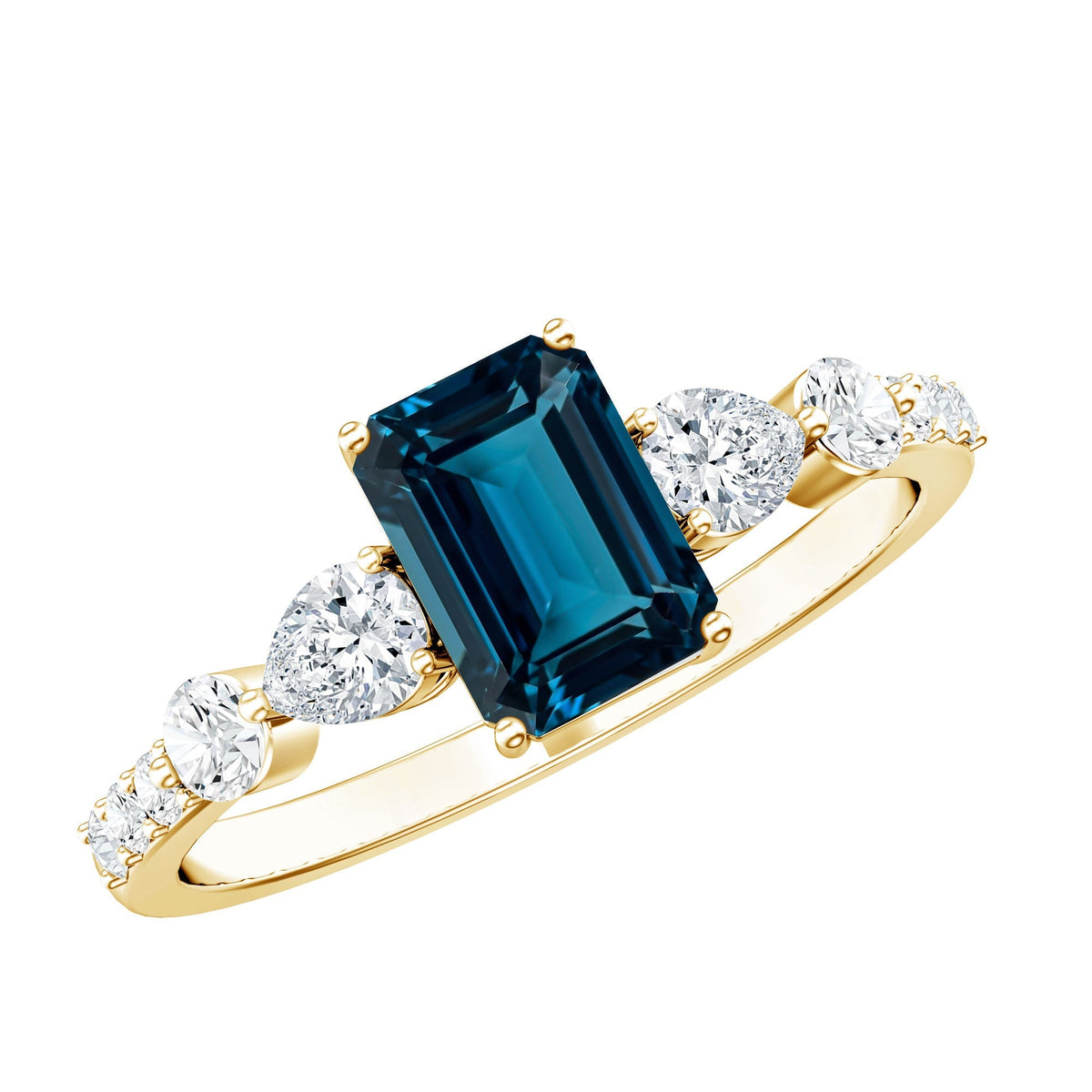 Genuine 2.2 Carat Emerald Cut London Blue Topaz Engagement Ring with Diamond