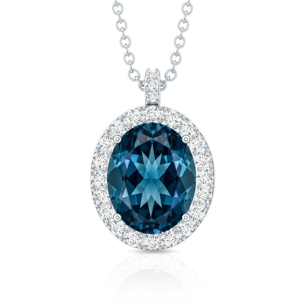 Genuine 2.5 Carat Oval Cut London Blue Topaz and Diamond Necklace