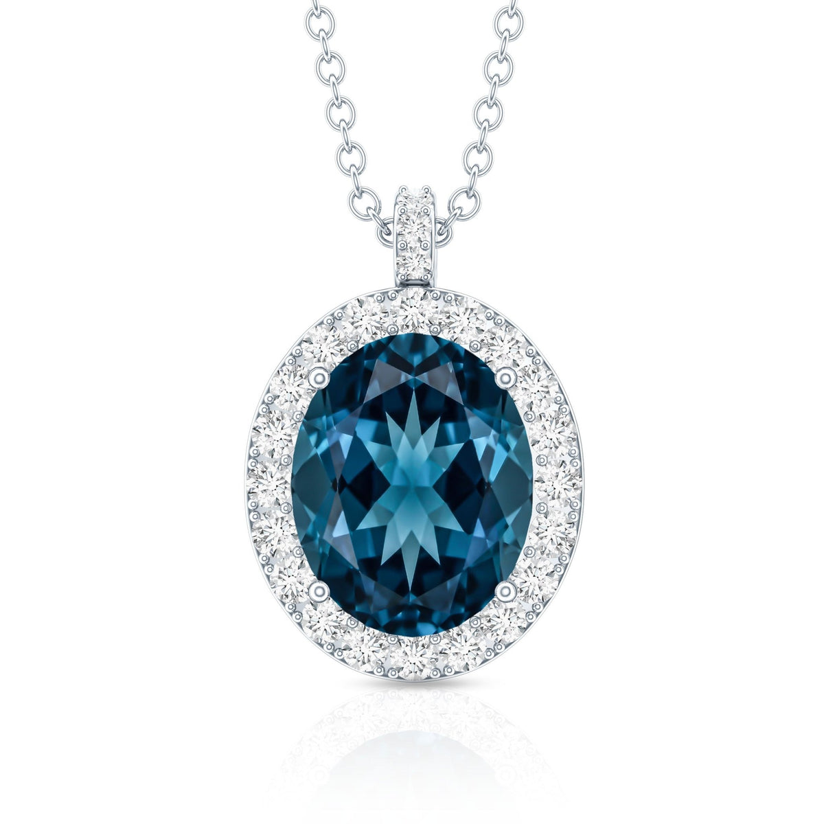Genuine 2.5 Carat Oval Cut London Blue Topaz and Diamond Necklace