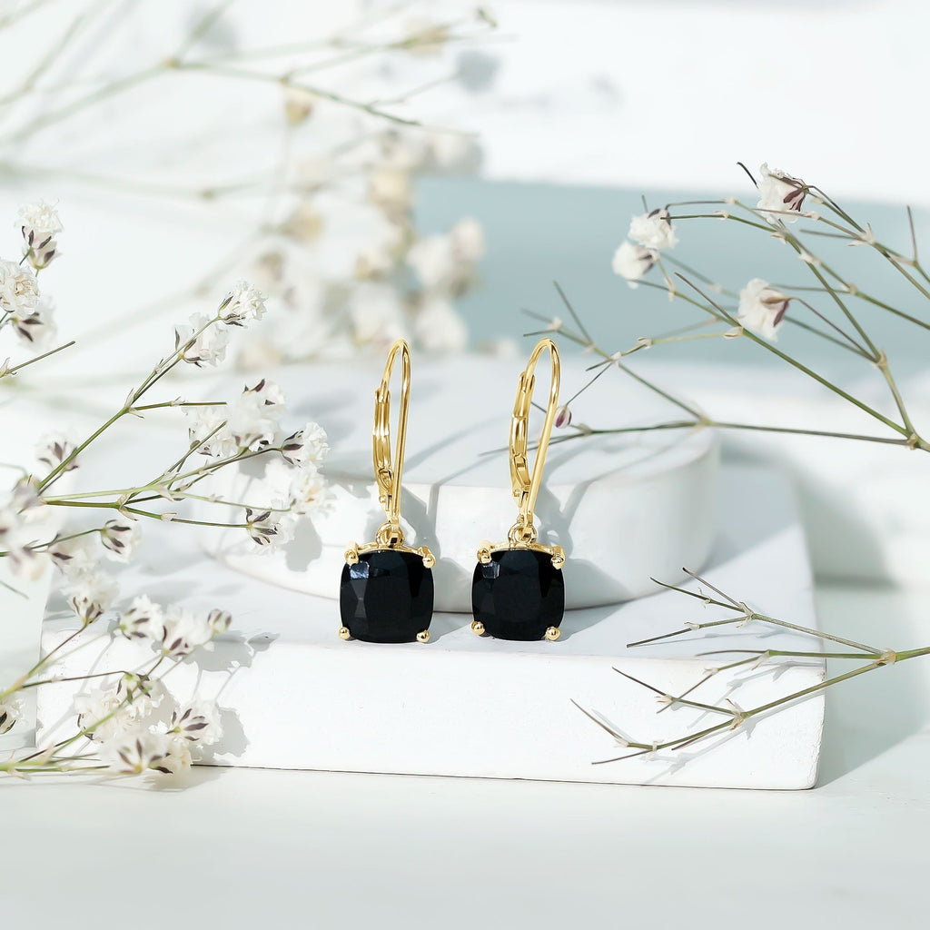 Genuine 4.2 Carat Cushion Cut Black Spinel Drop Earrings Lever Back
