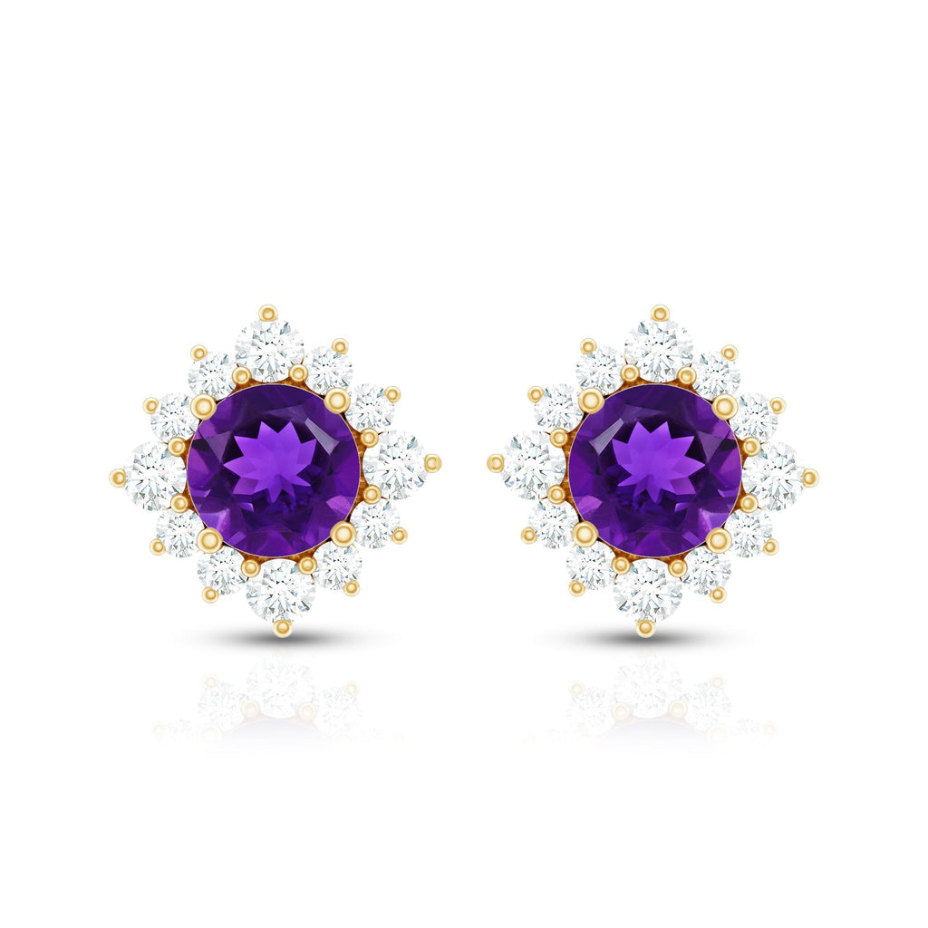 Genuine Amethyst Stud Earrings with Diamond Halo
