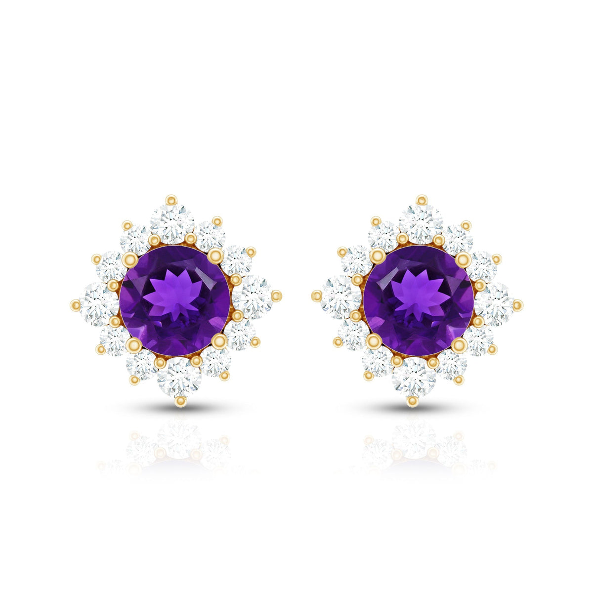 Genuine Amethyst Stud Earrings with Diamond Halo