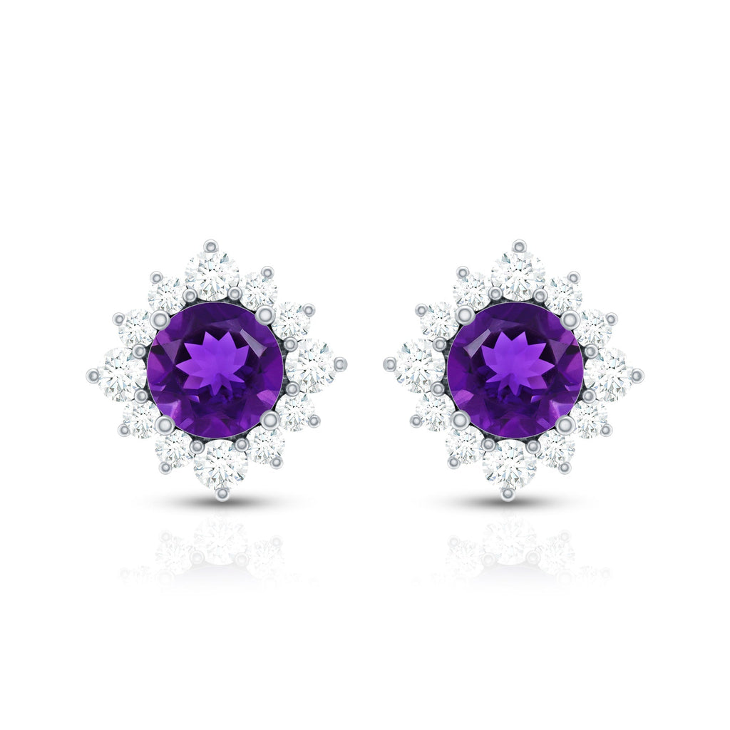 Genuine Amethyst Stud Earrings with Diamond Halo