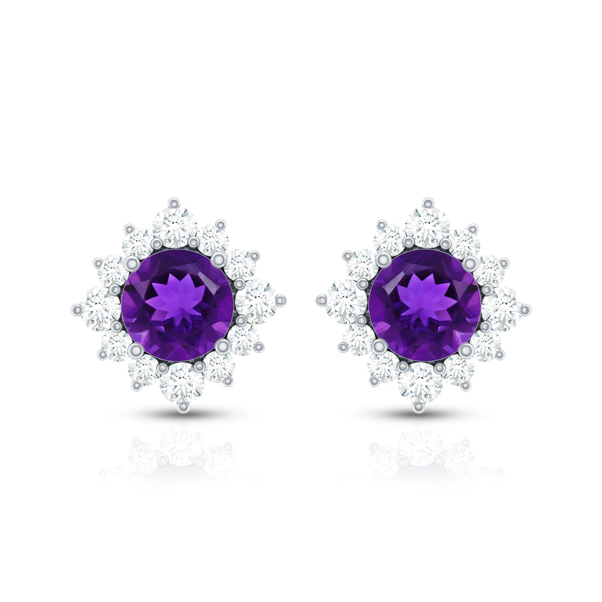 Genuine Amethyst Stud Earrings with Diamond Halo