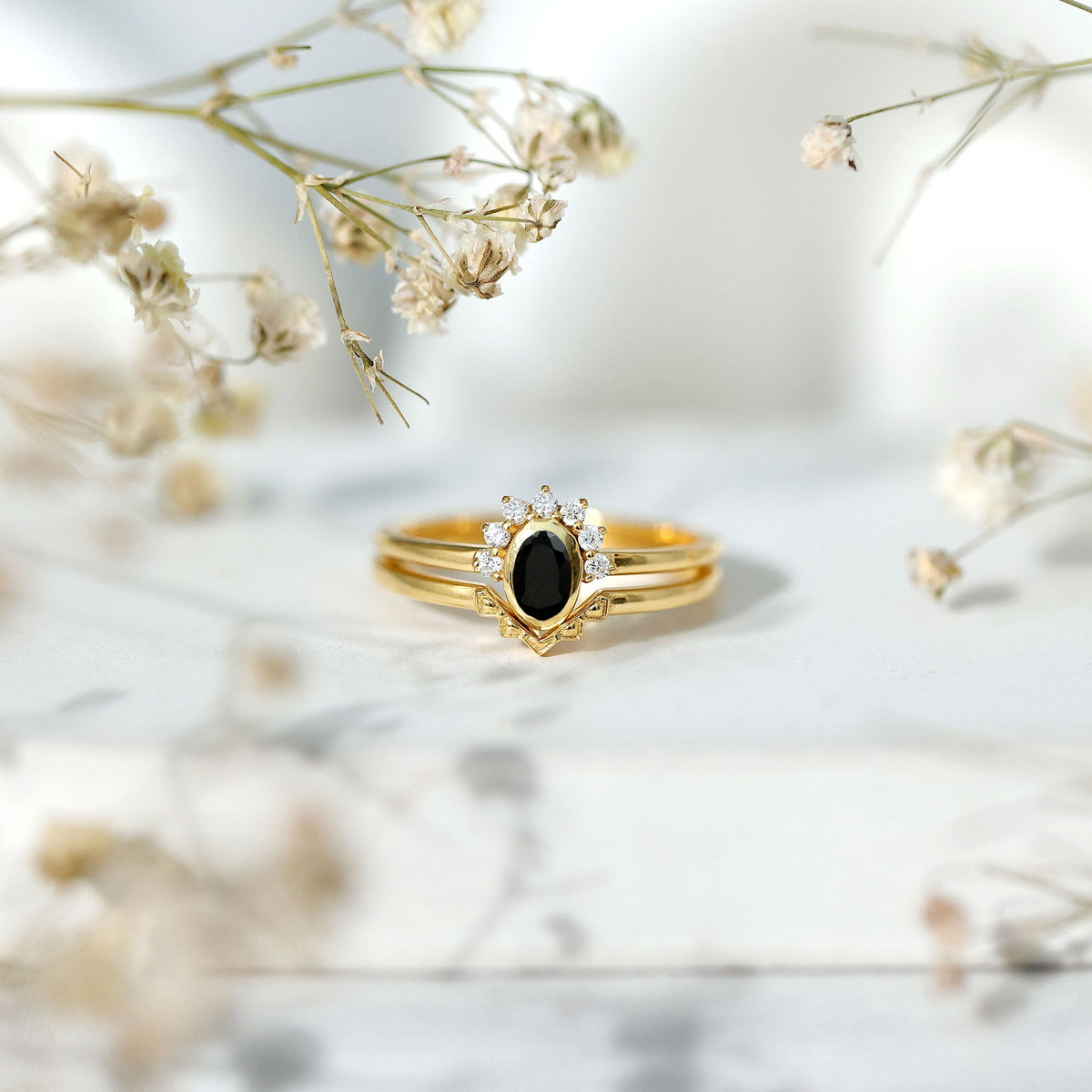 Genuine Black Onyx and Diamond Promise Ring Set in Yellow Gold Plated Silver