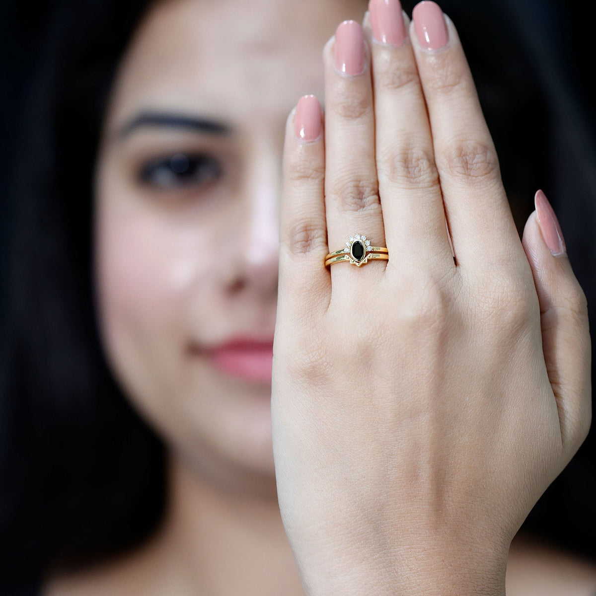 Genuine Black Onyx and Diamond Promise Ring Set in Yellow Gold Plated Silver