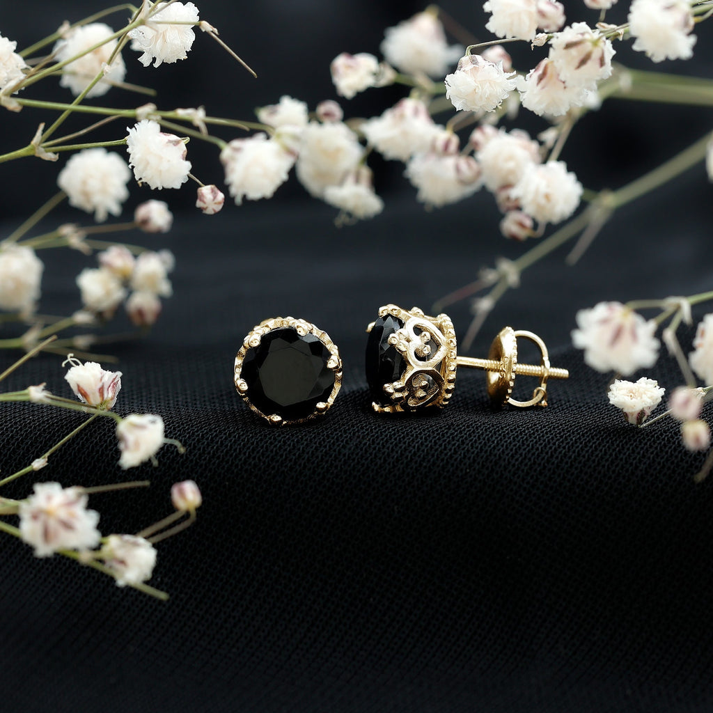 Genuine Black Onyx Crown Stud Earrings with Screw Back