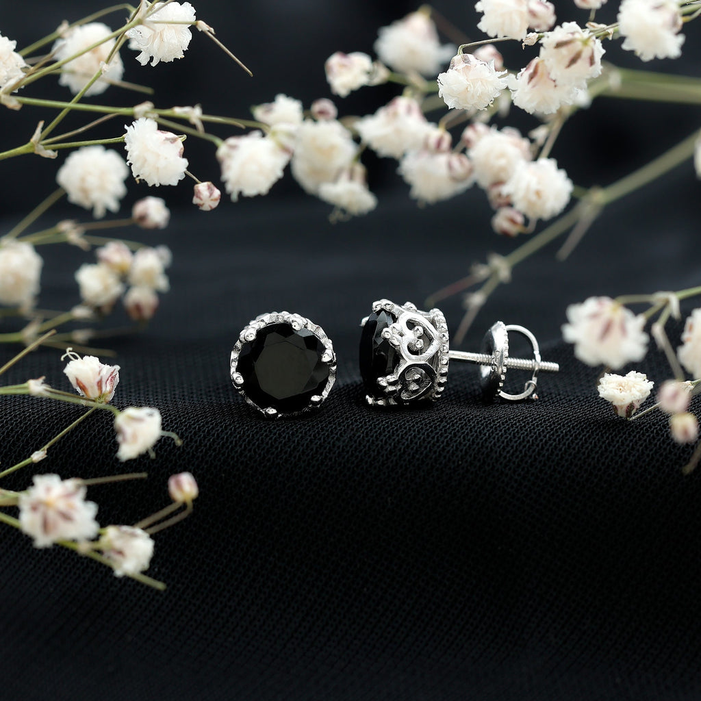 Genuine Black Onyx Crown Stud Earrings with Screw Back