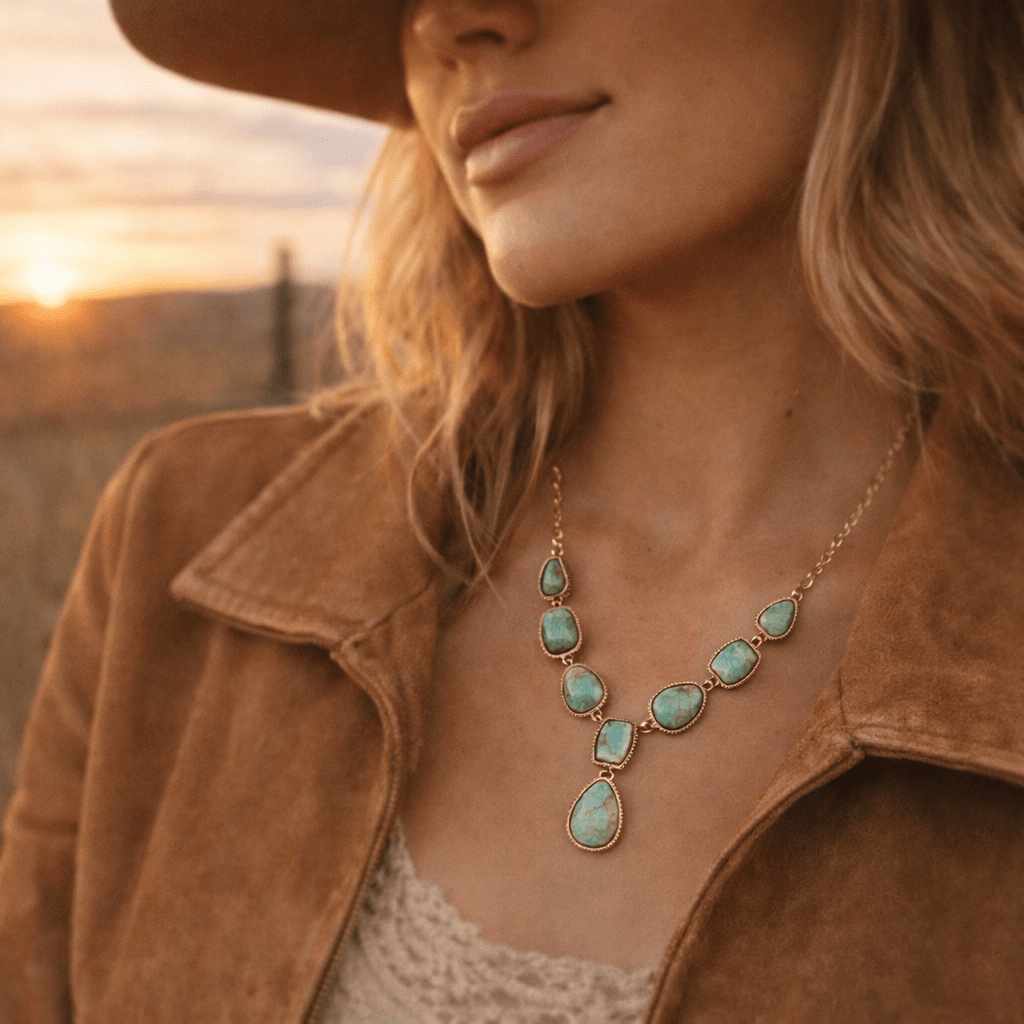 Genuine Blue Turquoise Roped Golden Bronze Y Necklace
