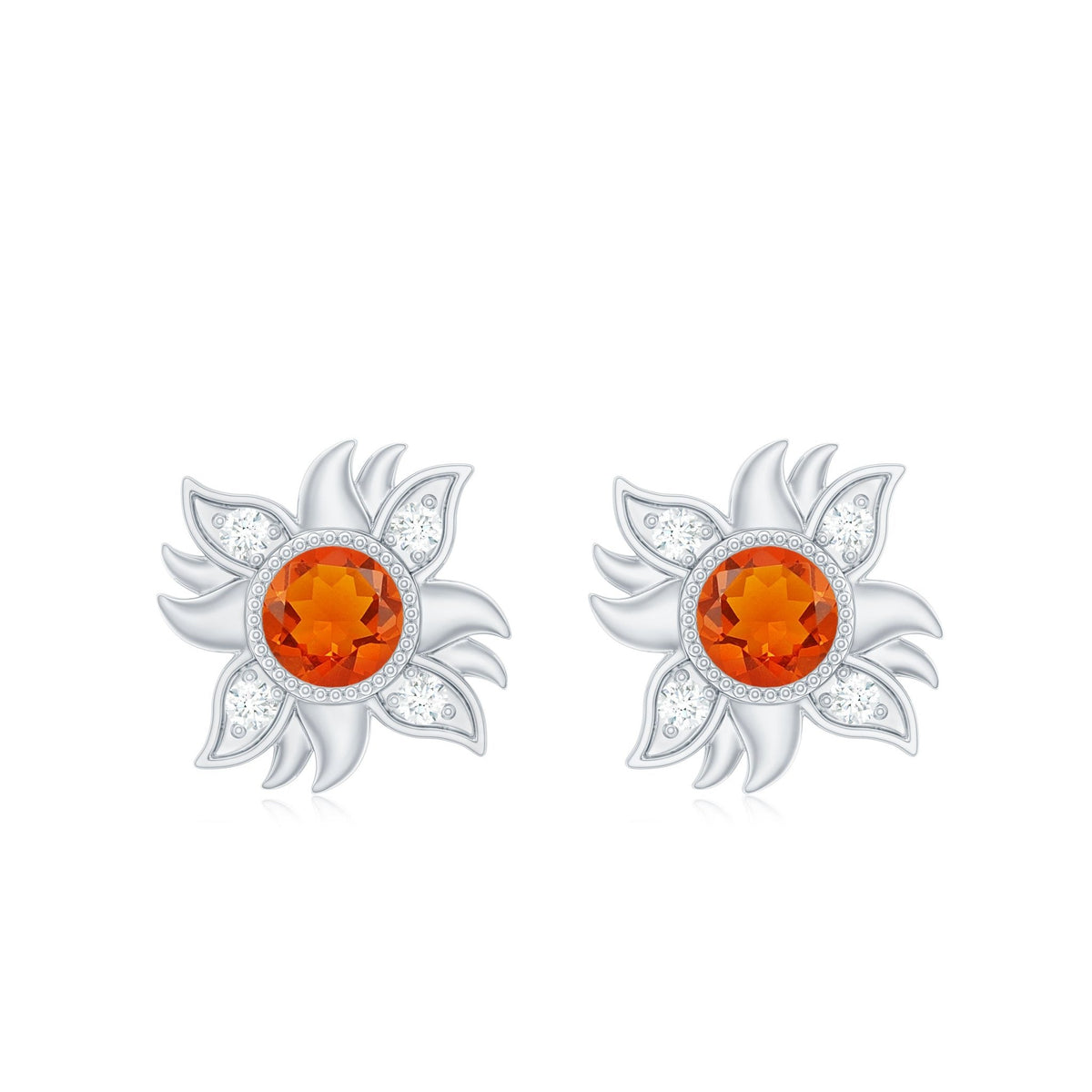 Genuine Fire Opal Sunburst Earrings with Diamond