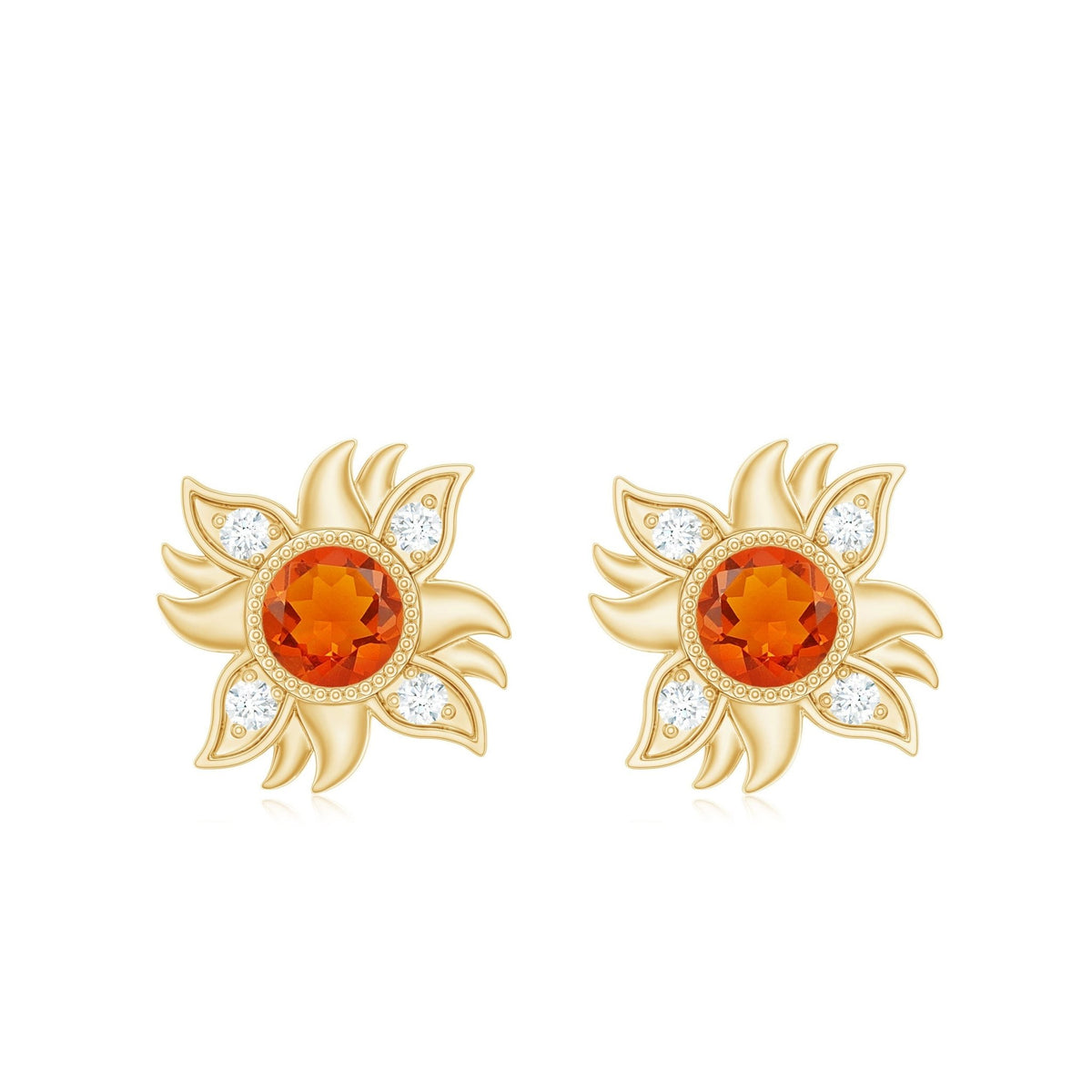 Genuine Fire Opal Sunburst Earrings with Diamond