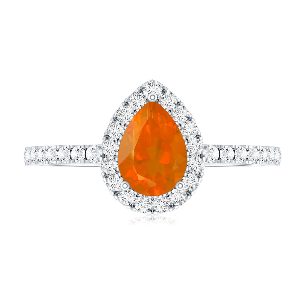 Genuine Fire Opal Teardrop Ring with Diamond Halo