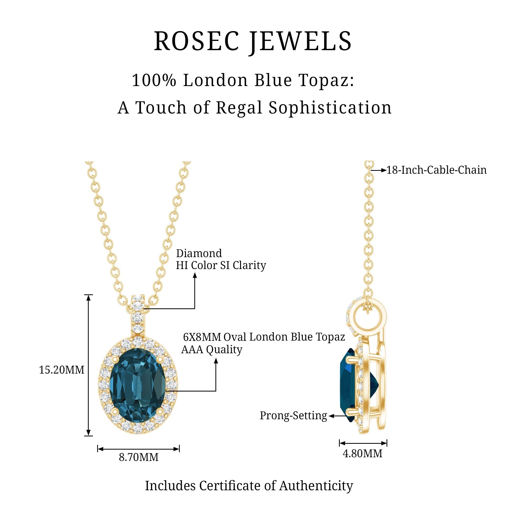 Genuine London Blue Topaz and Diamond Classic Necklace With Chain