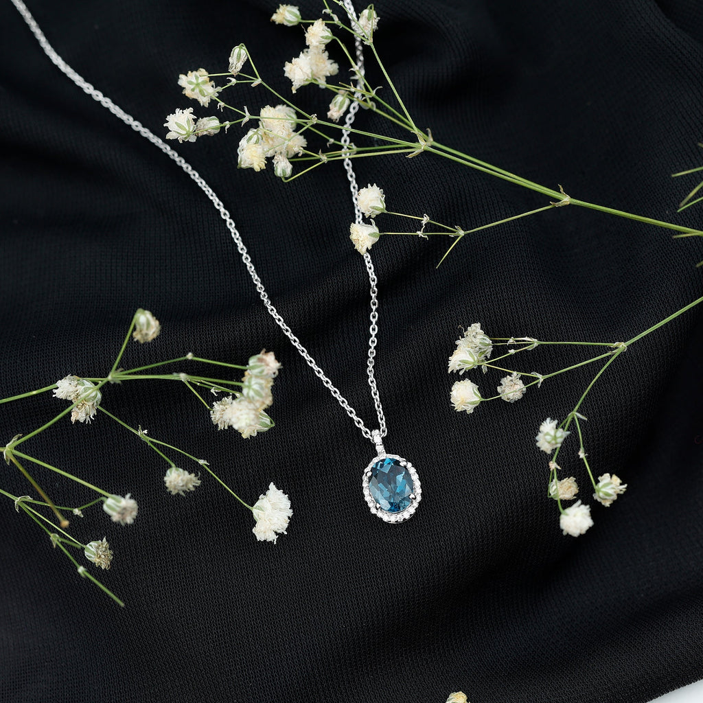 Genuine London Blue Topaz and Diamond Classic Necklace With Chain