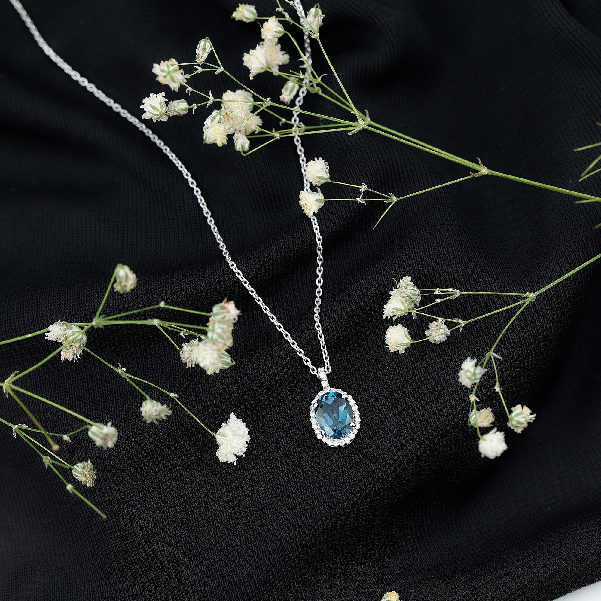 Genuine London Blue Topaz and Diamond Classic Necklace With Chain