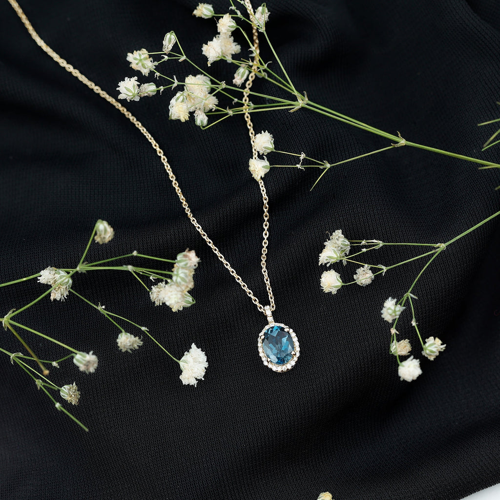 Genuine London Blue Topaz and Diamond Classic Necklace With Chain