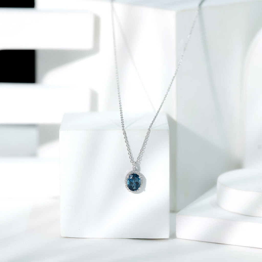 Genuine London Blue Topaz and Diamond Classic Necklace With Chain