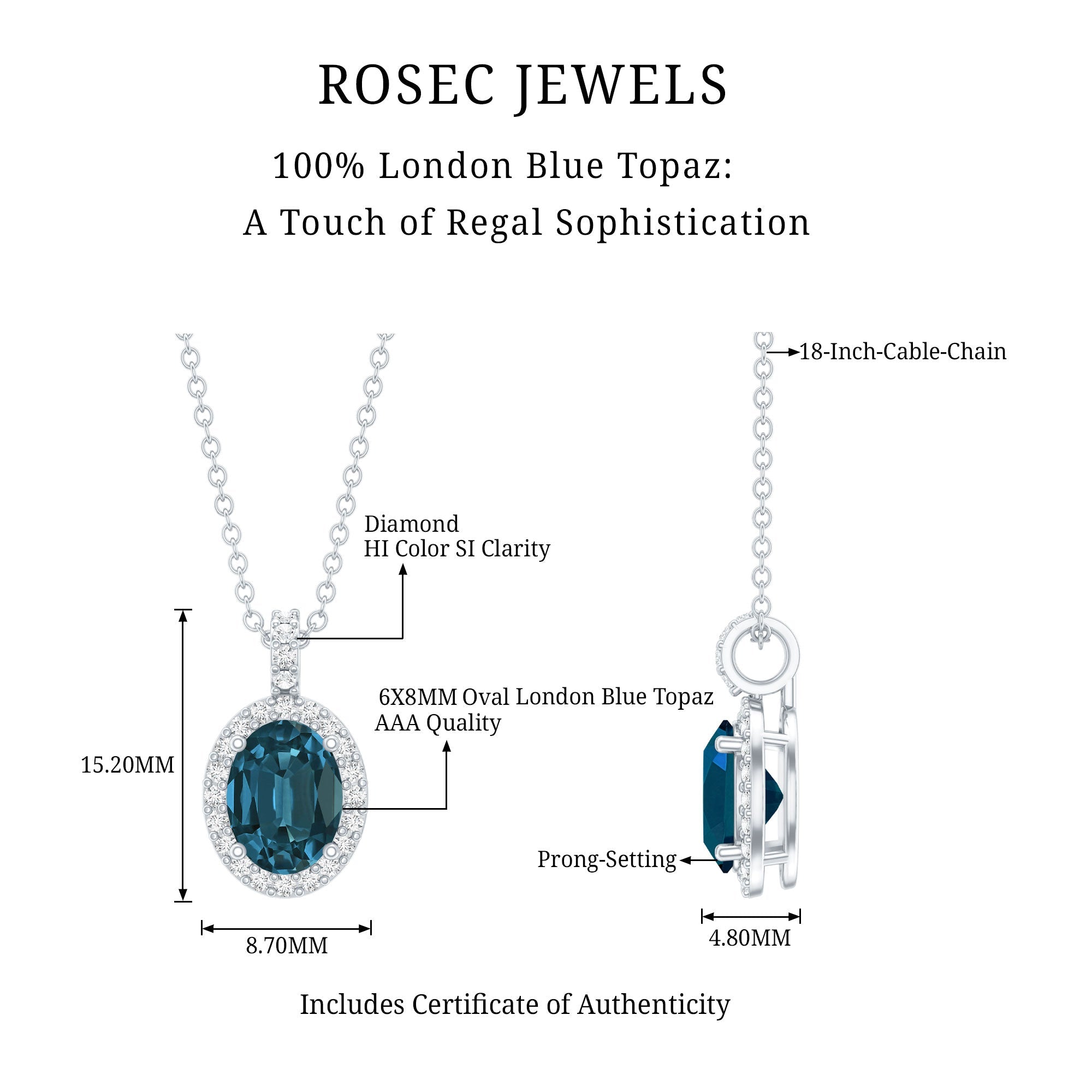 Genuine London Blue Topaz and Diamond Classic Necklace With Chain