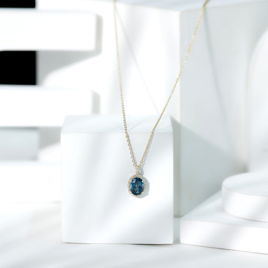 Genuine London Blue Topaz and Diamond Classic Necklace With Chain