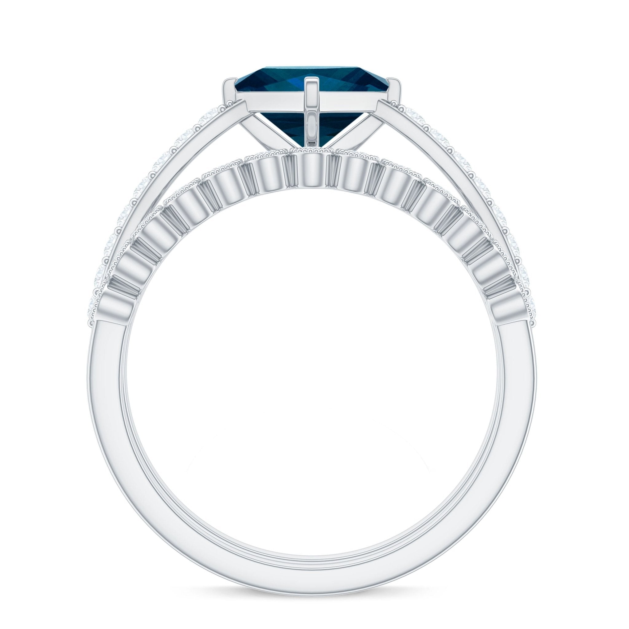 Genuine London Blue Topaz Designer Engagement Ring with Diamond Wedding Band