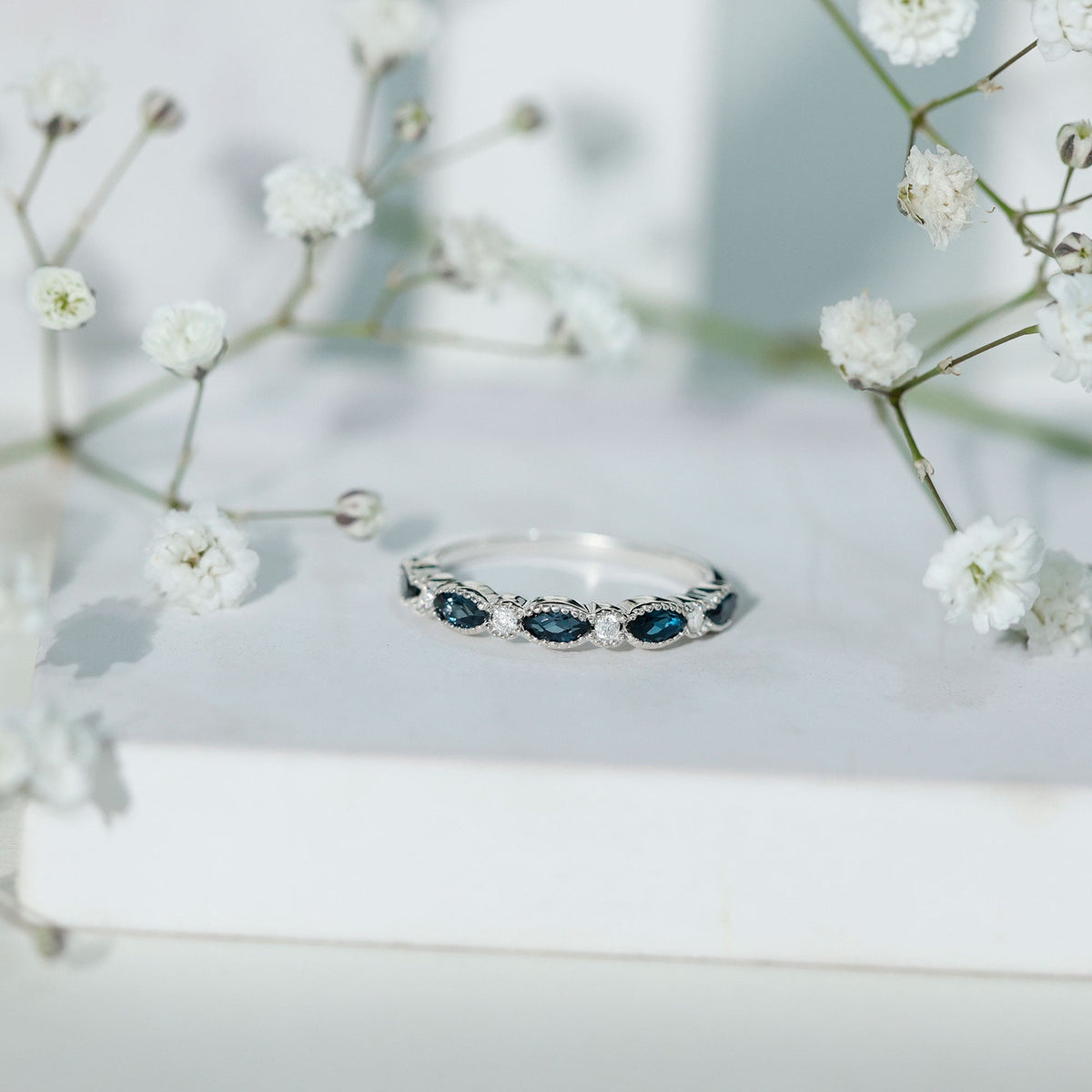 Genuine London Blue Topaz Half Eternity Ring in Bezel Set