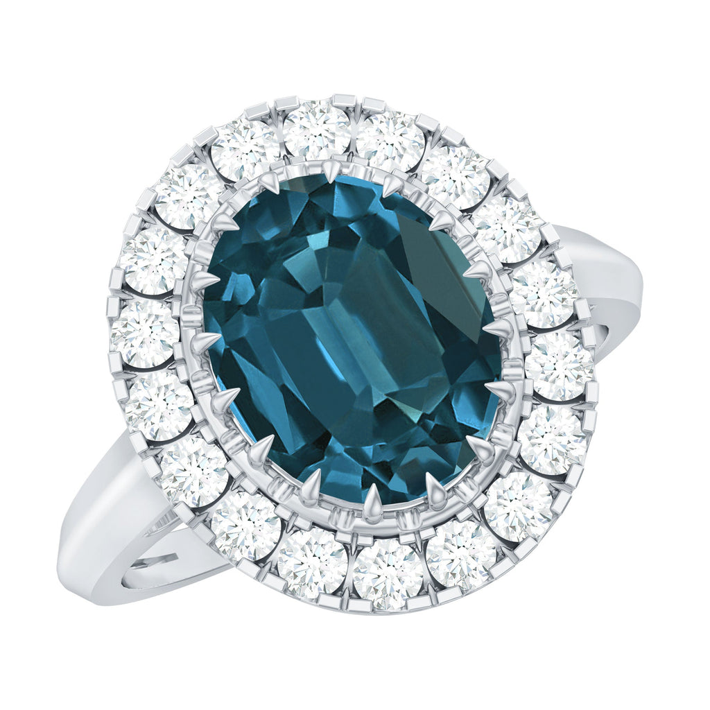 Genuine London Blue Topaz Statement Engagement Ring with Diamond