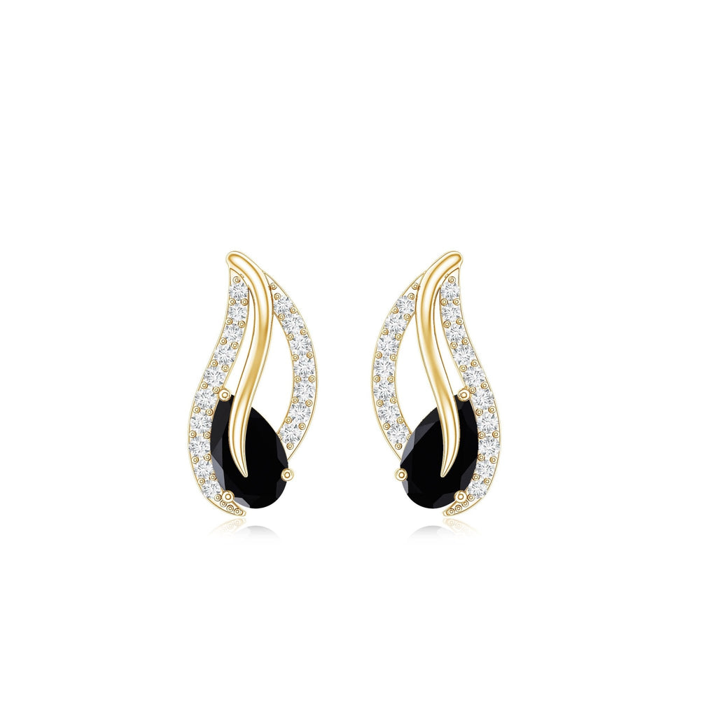 Genuine Pear Shape Black Onyx leaf Stud Earrings With Certificate