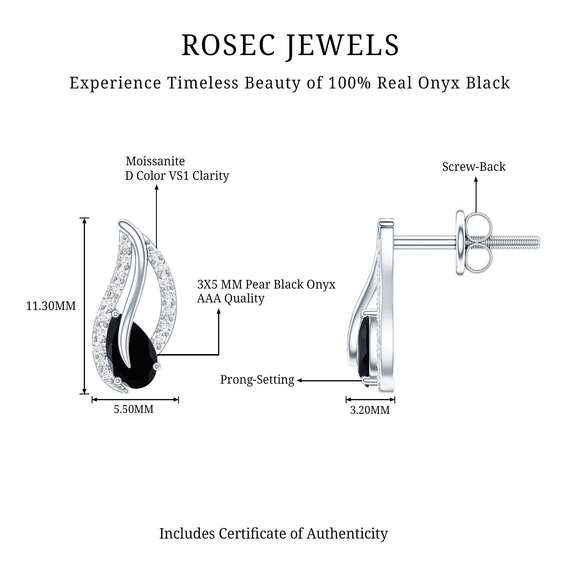 Genuine Pear Shape Black Onyx leaf Stud Earrings With Certificate