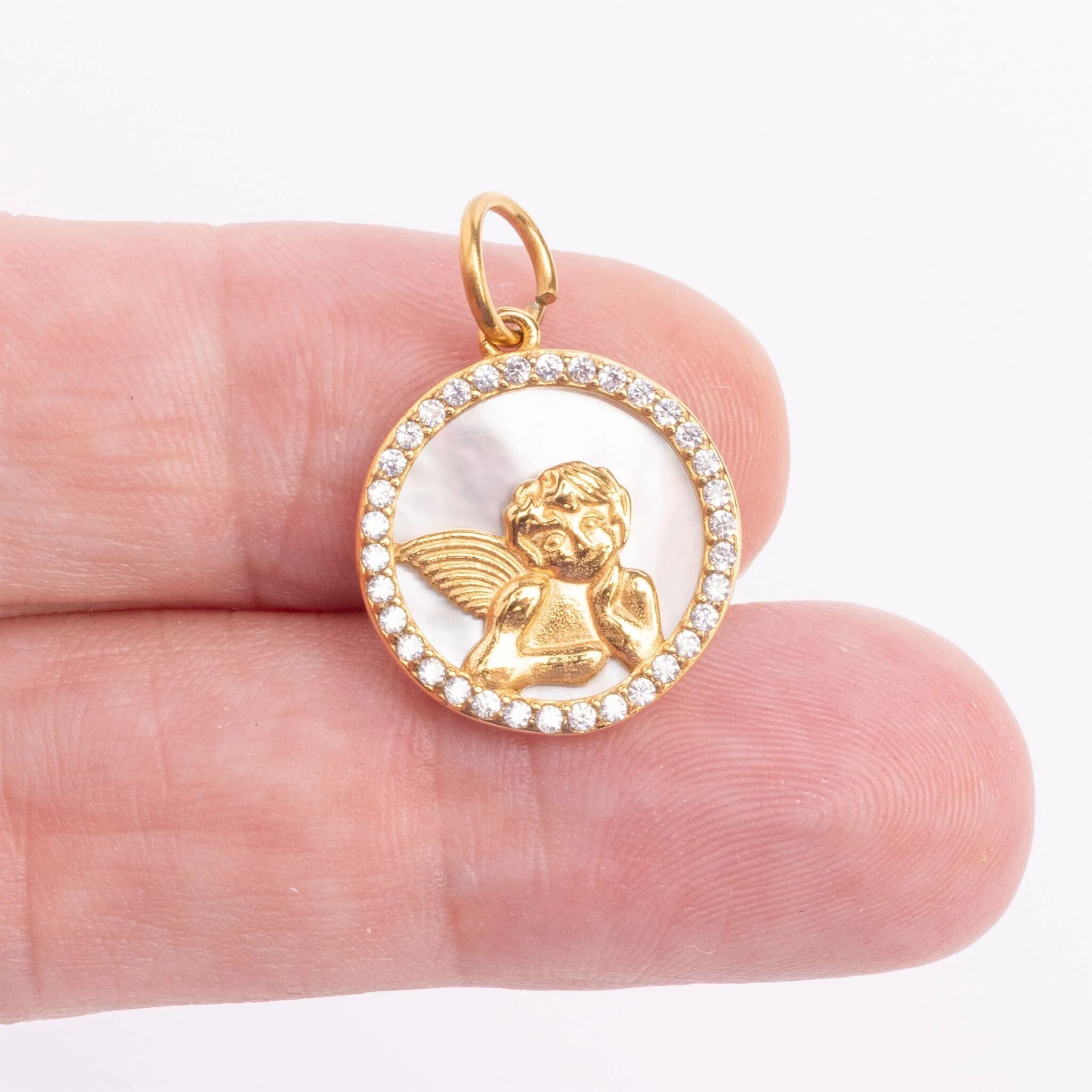 Gold Angel Pendant – 18K Gold Jewelry Round MOP Charm with CZ Stones - Charms | Sunflower Soul Boutique