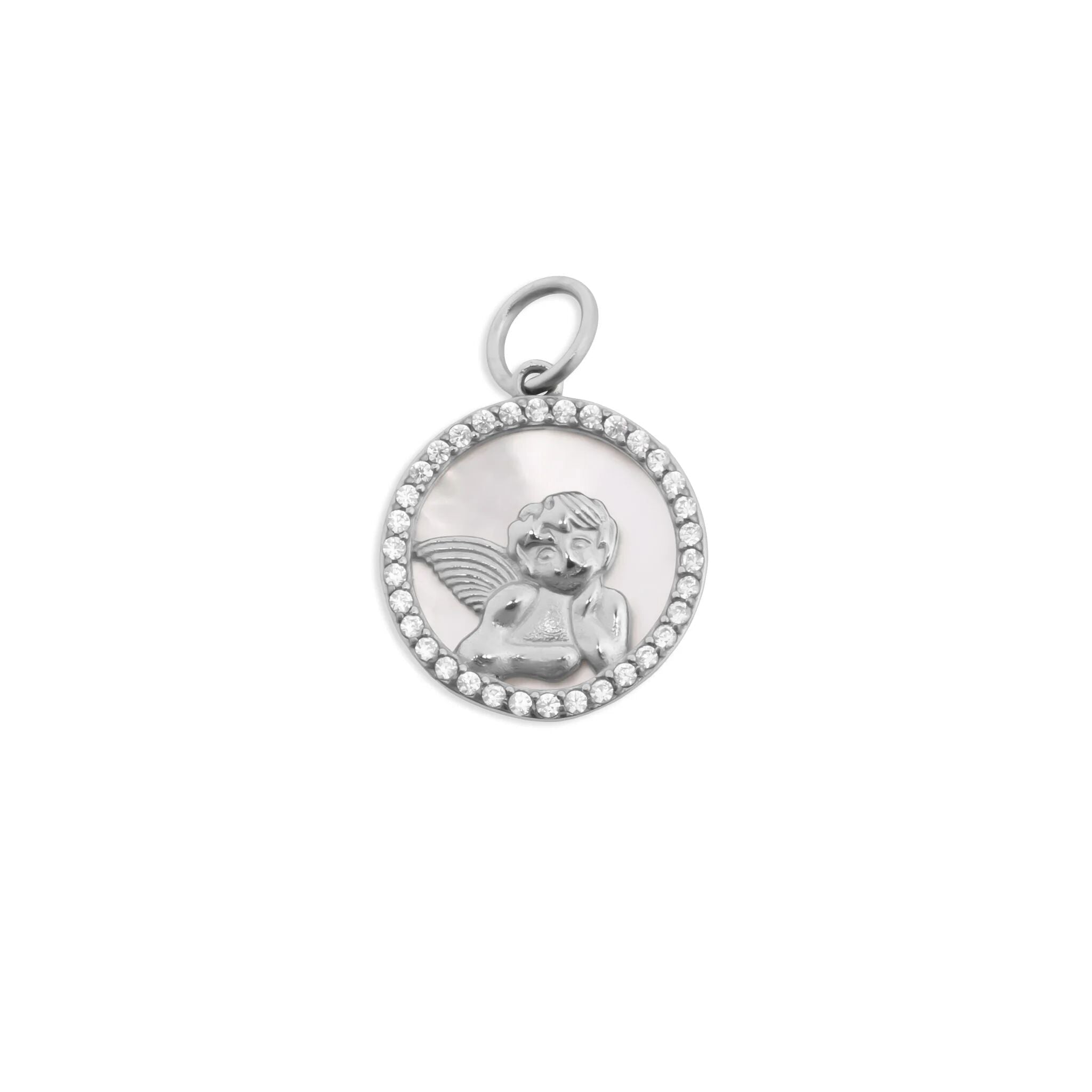 Gold Angel Pendant – 18K Gold Jewelry Round MOP Charm with CZ Stones - Charms | Sunflower Soul Boutique