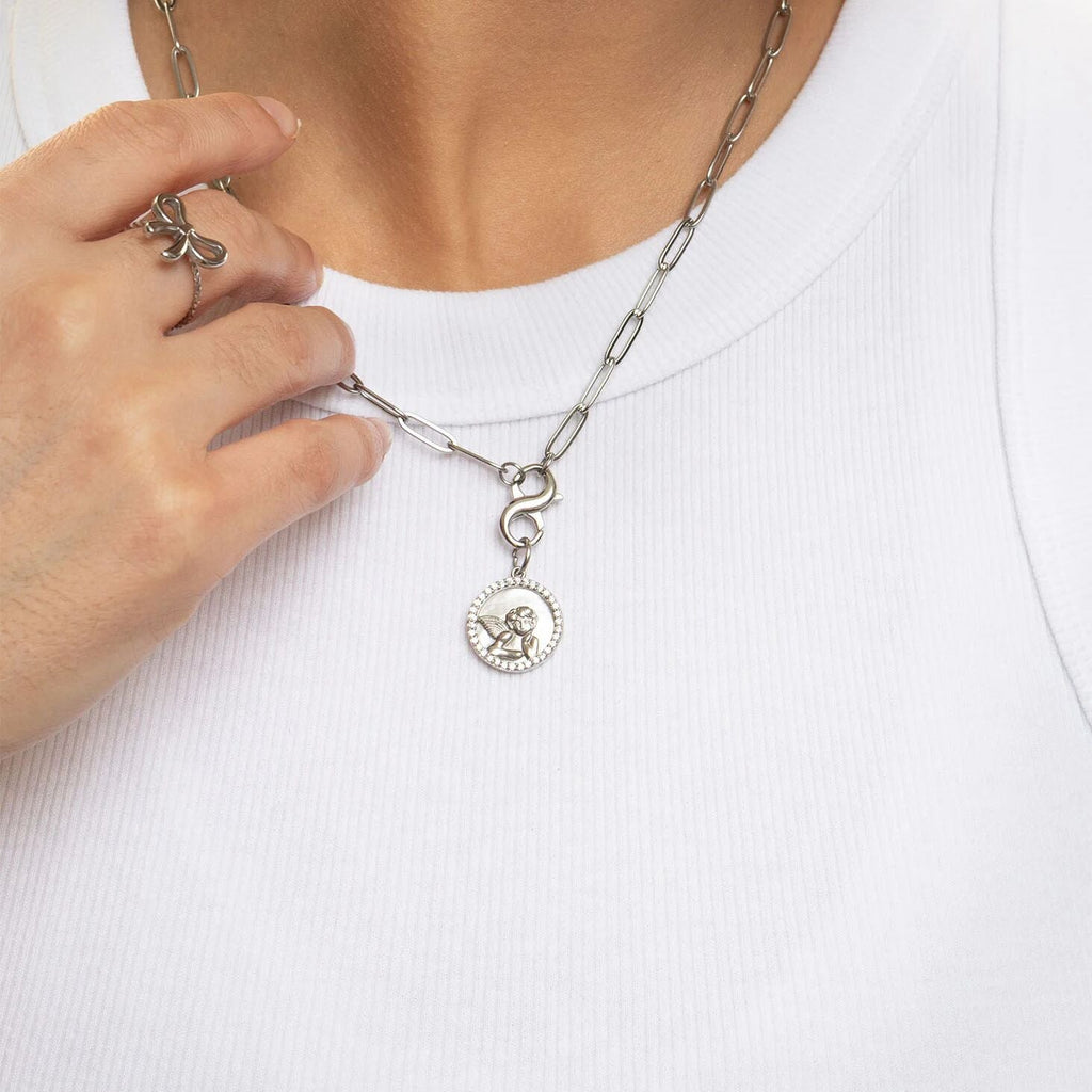 Gold Angel Pendant – 18K Gold Jewelry Round MOP Charm with CZ Stones - Charms | Sunflower Soul Boutique