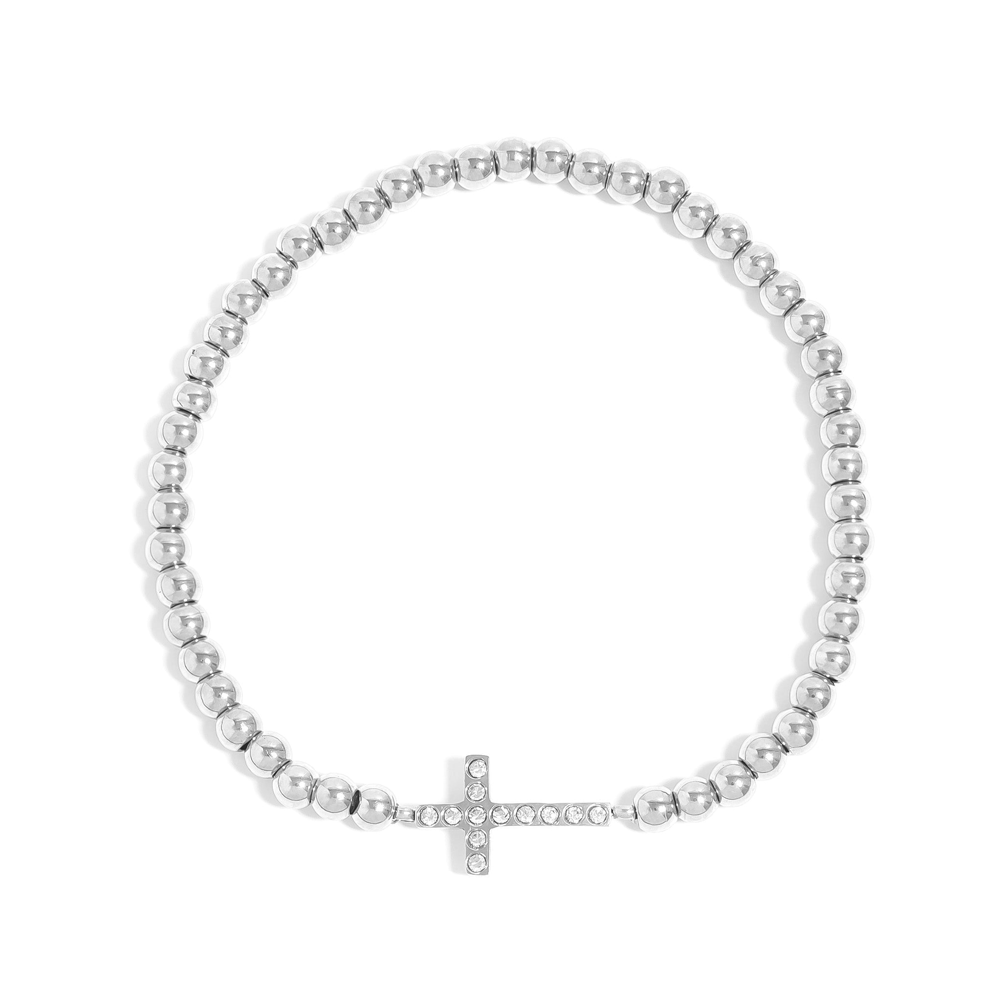 Gold Beaded Bracelet – Adjustable Stretch Band with Stone Cross Charm in 316L Steel - bracelet | Sunflower Soul Boutique