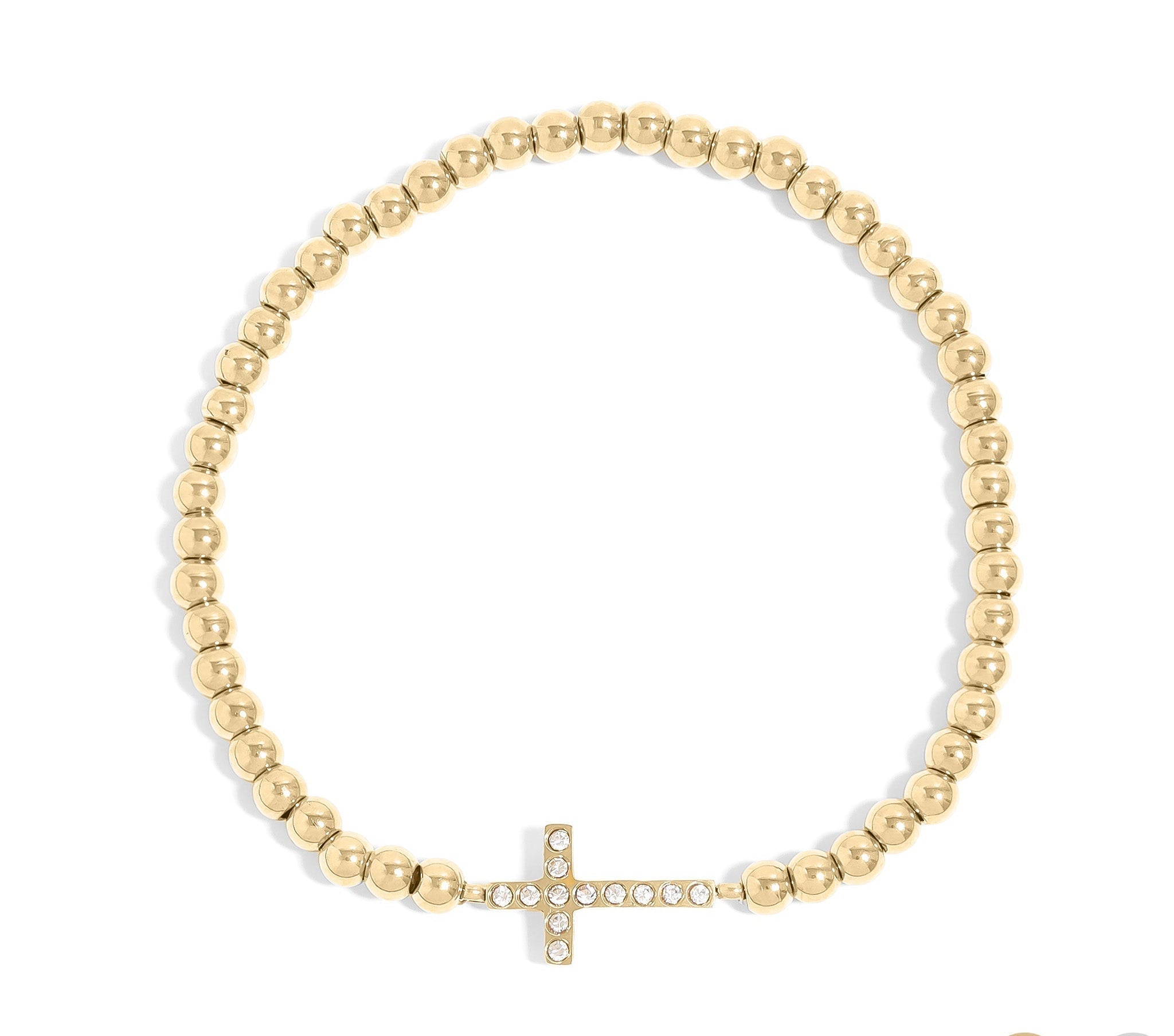 Gold Beaded Bracelet – Adjustable Stretch Band with Stone Cross Charm in 316L Steel - bracelet | Sunflower Soul Boutique