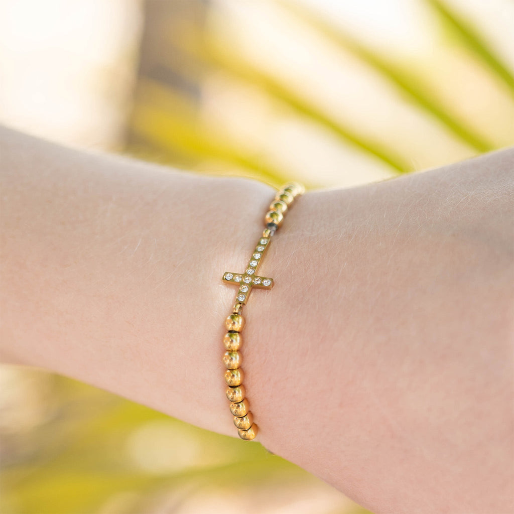 Gold Beaded Bracelet – Adjustable Stretch Band with Stone Cross Charm in 316L Steel - bracelet | Sunflower Soul Boutique