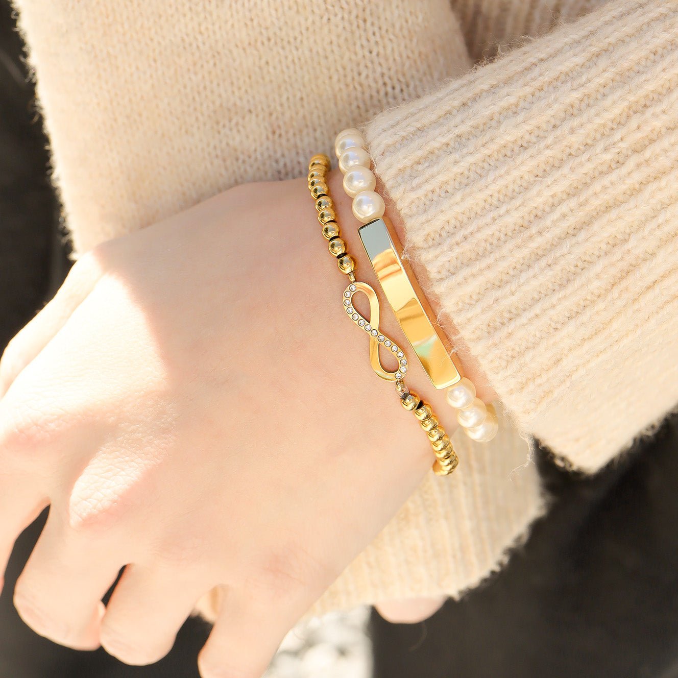 Gold Beaded Bracelet – Adjustable Stretch Stainless Steel Infinity Charm - bracelet | Sunflower Soul Boutique