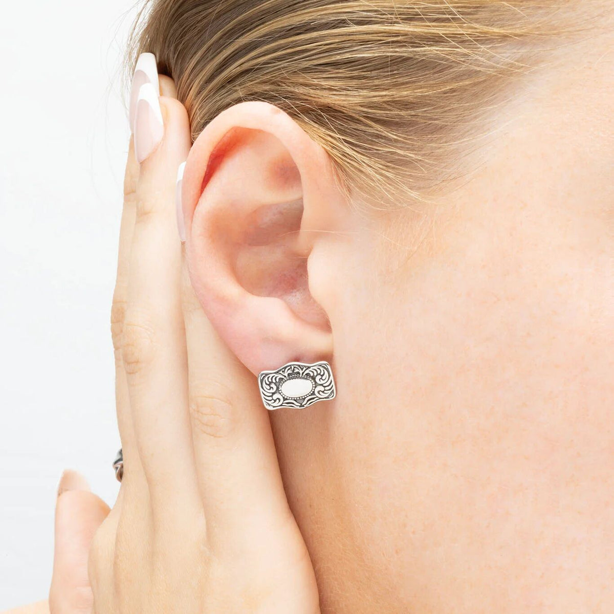 18K Gold PVD Stainless Steel Buckle Stud Earrings- silver model