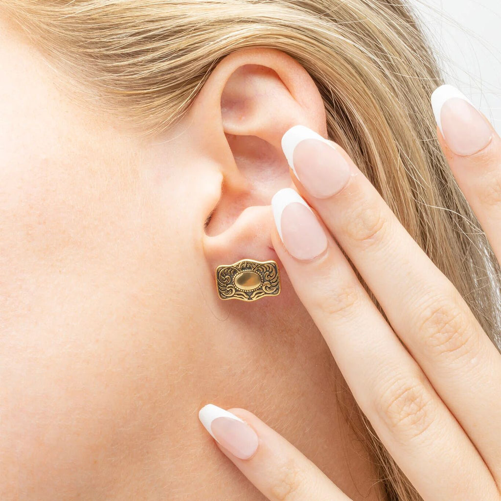 18K Gold PVD Stainless Steel Buckle Stud Earrings- gold model