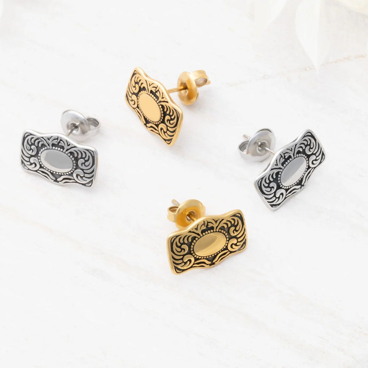 18K Gold PVD Stainless Steel Buckle Stud Earrings- gold and silver studio