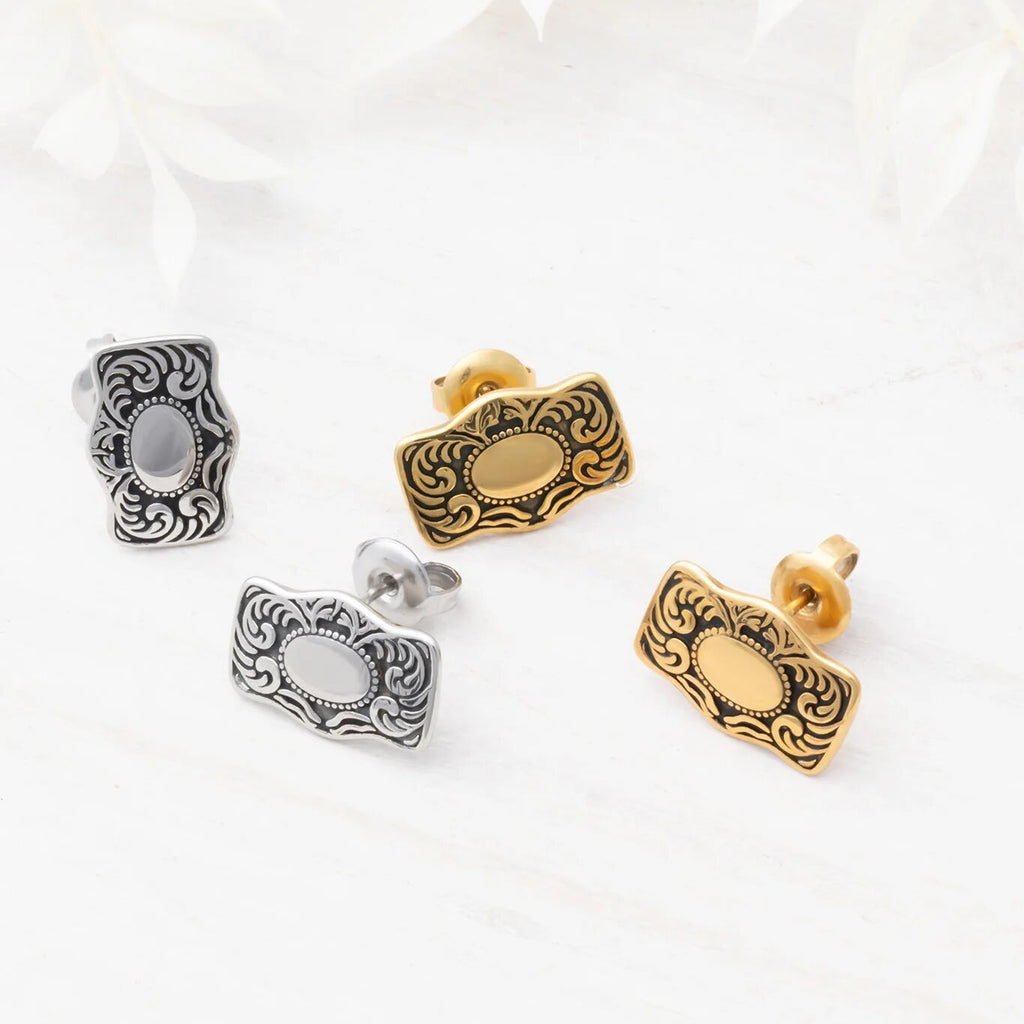 18K Gold PVD Stainless Steel Buckle Stud Earrings- silver and gold studio