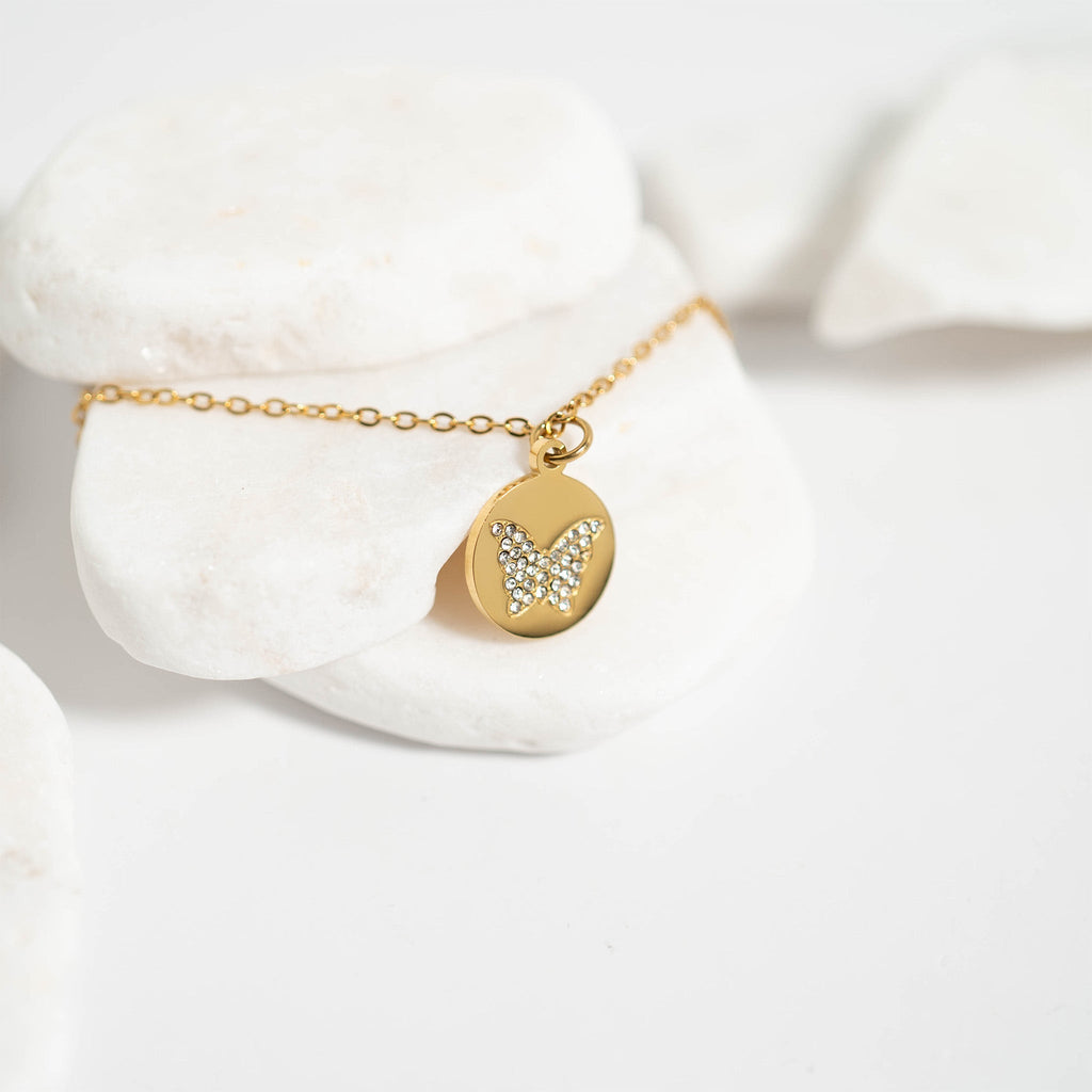 Gold Butterfly Necklace – 18 Inch Gold Chain With Sparkling Stone Pendant - Necklaces | Sunflower Soul Boutique