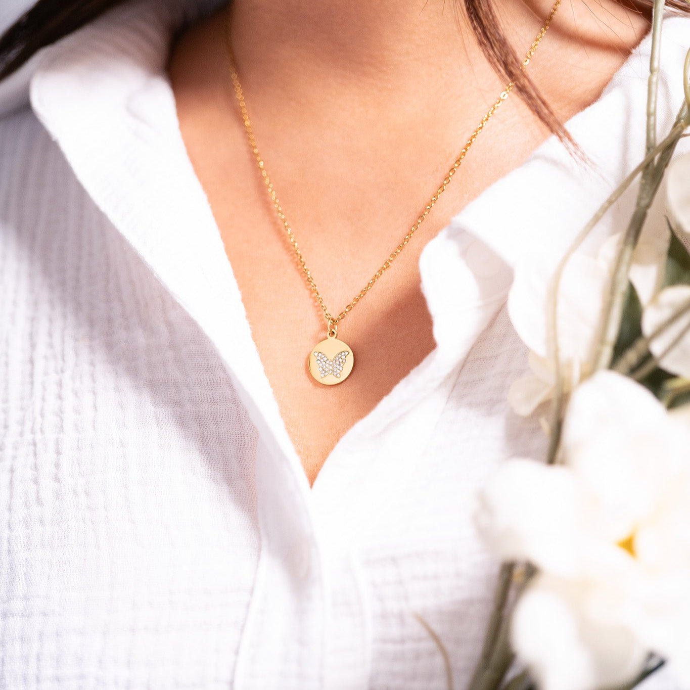 Gold Butterfly Necklace – 18 Inch Gold Chain With Sparkling Stone Pendant - Necklaces | Sunflower Soul Boutique