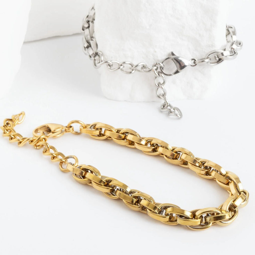 Gold Chain Bracelet - 18K Gold Plated Double Oval Link Adjustable Stainless Steel - Bracelets | Sunflower Soul Boutique