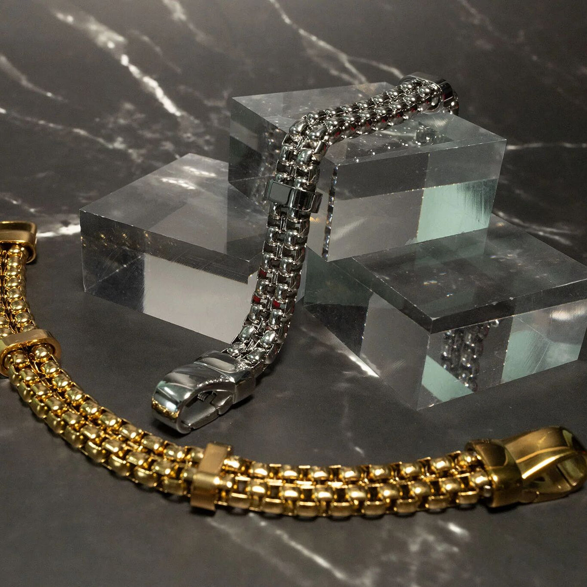18K Gold PVD Double Chain Metal Clasp Bracelet- silver and gold studio 