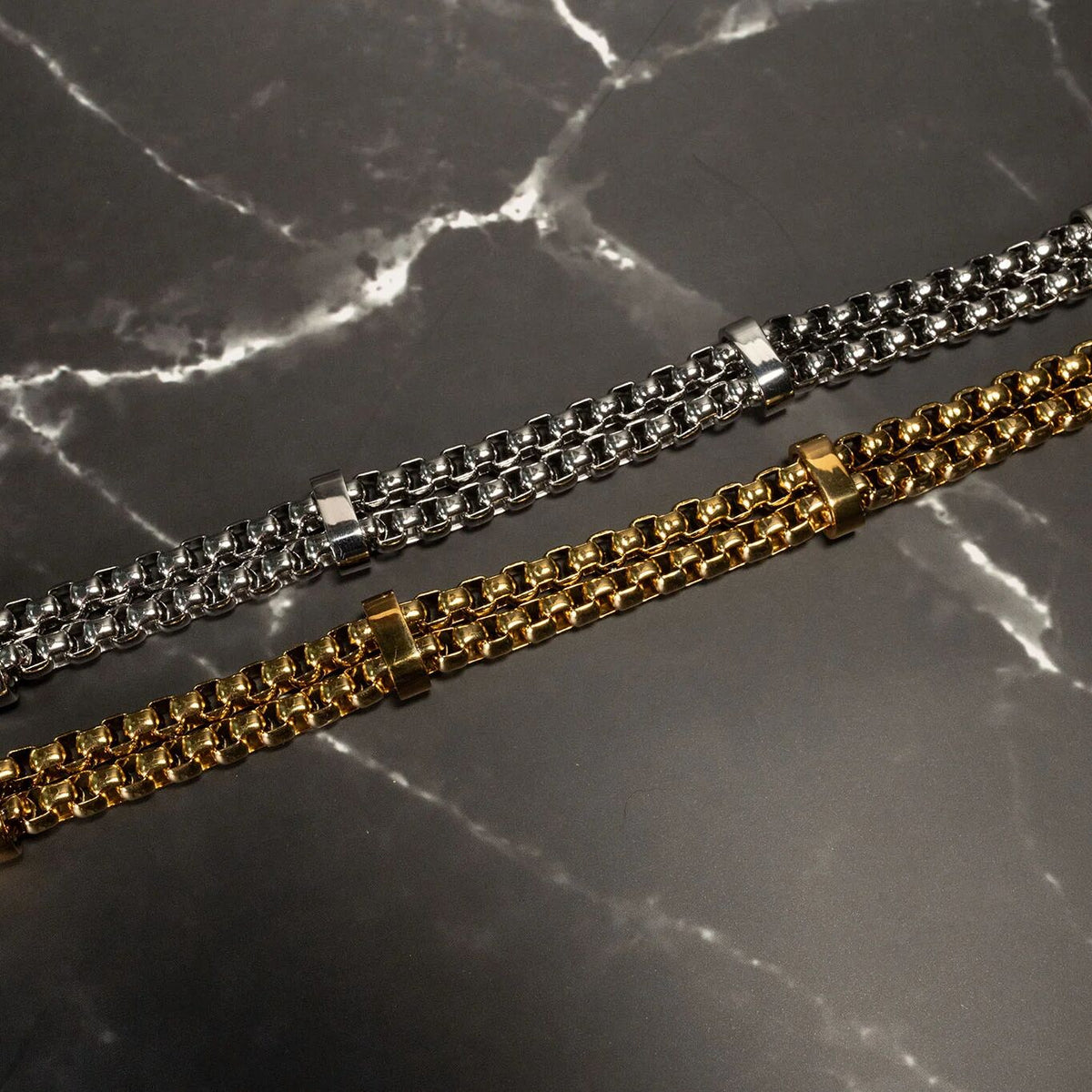 18K Gold PVD Double Chain Metal Clasp Bracelet- gold and silver studio 