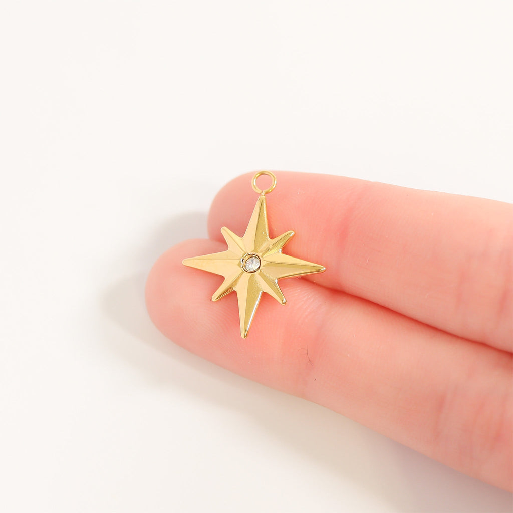 Gold Compass Charm 18K Gold PVD Stainless Steel CZ Pendant Necklace - Waterproof - charm | Sunflower Soul Boutique